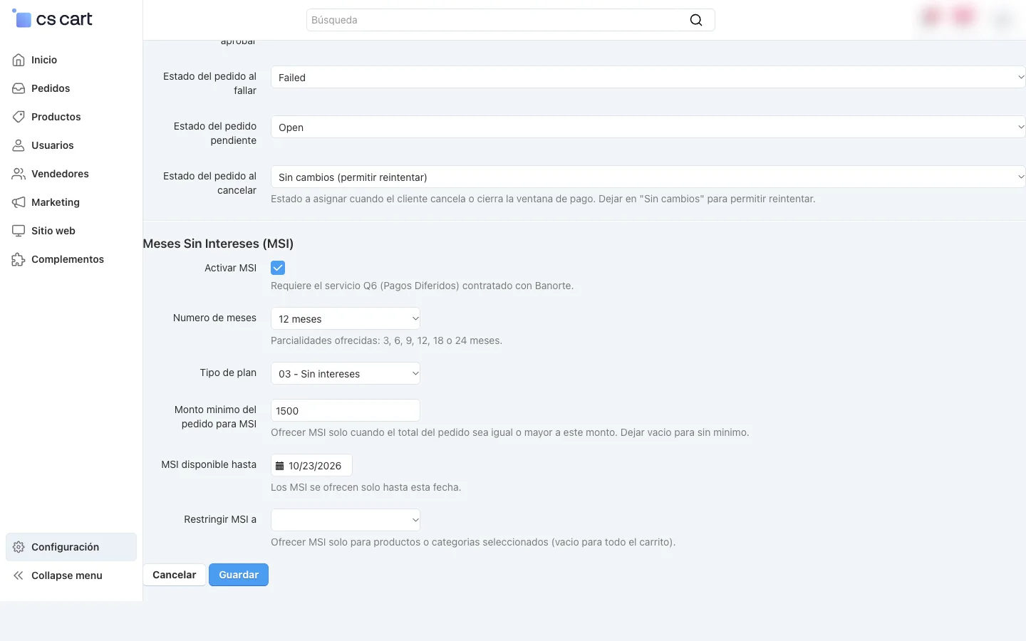 Banorte add-on settings screen showing the installment options